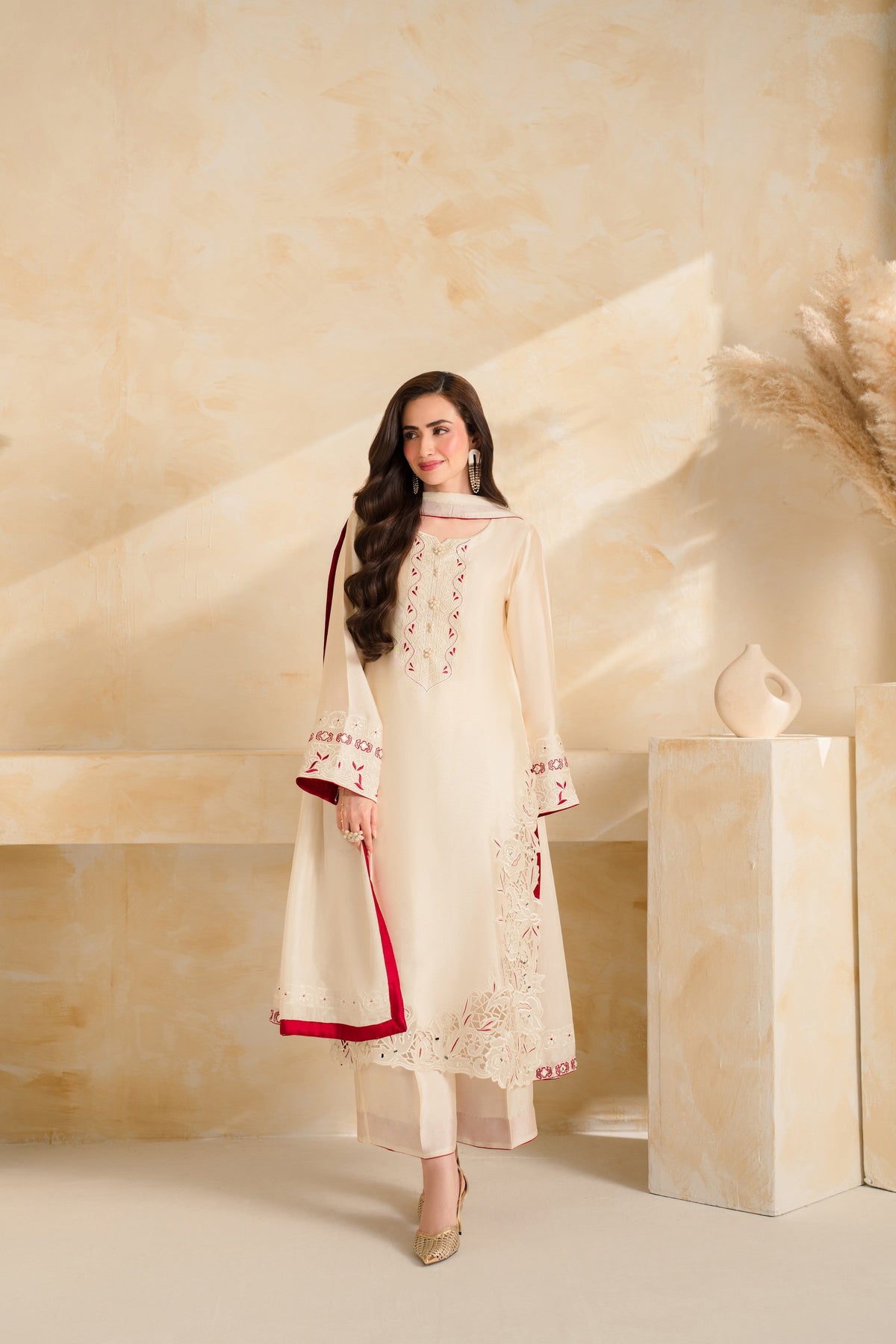 VINTAGE-3 PIECE DHANAK EMBROIDERED SHIRT WITH DHANAK EMBROIDERED SHAWL AND TROUSER-BIC-5232