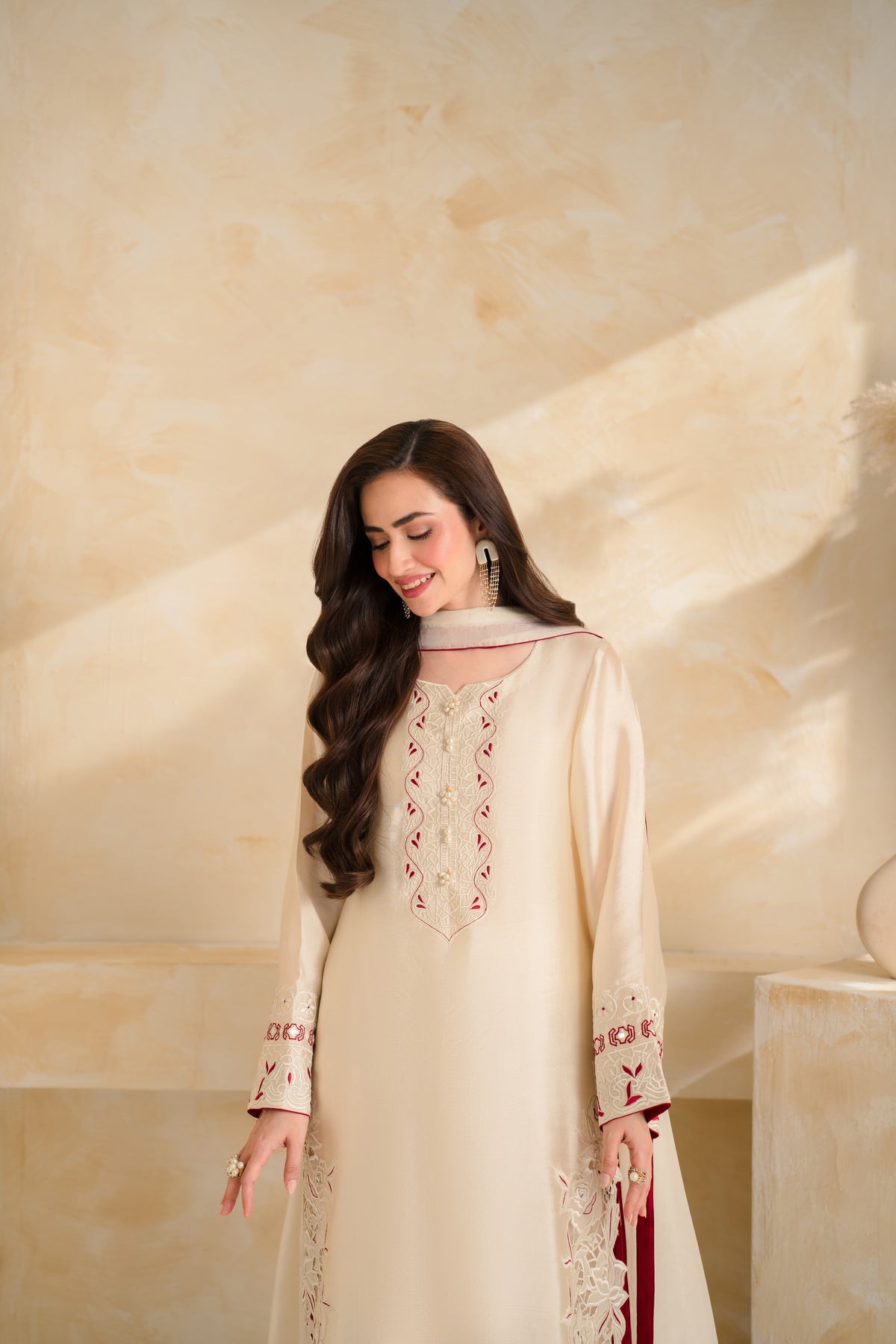 VINTAGE-3 PIECE DHANAK EMBROIDERED SHIRT WITH DHANAK EMBROIDERED SHAWL AND TROUSER-BIC-5232
