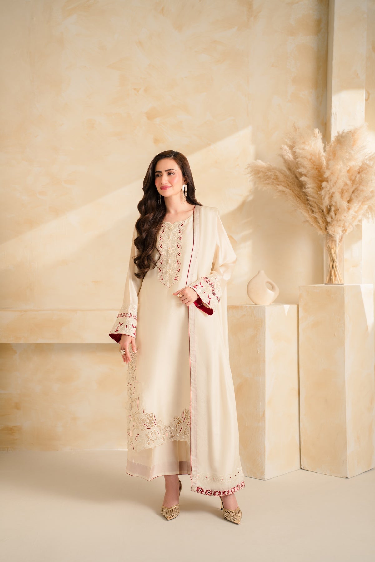 VINTAGE-3 PIECE DHANAK EMBROIDERED SHIRT WITH DHANAK EMBROIDERED SHAWL AND TROUSER-BIC-5232