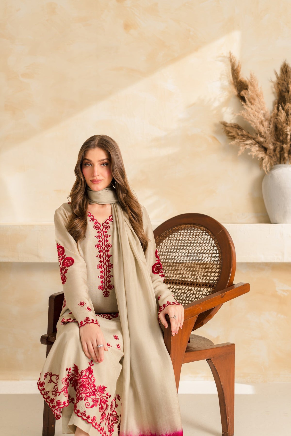 VINTAGE-3PC DHANAK EMBROIDERED SHIRT WITH CHIFFON TYE&DYE DUPATTA SHAWL AND TROUSER-BIC-5222