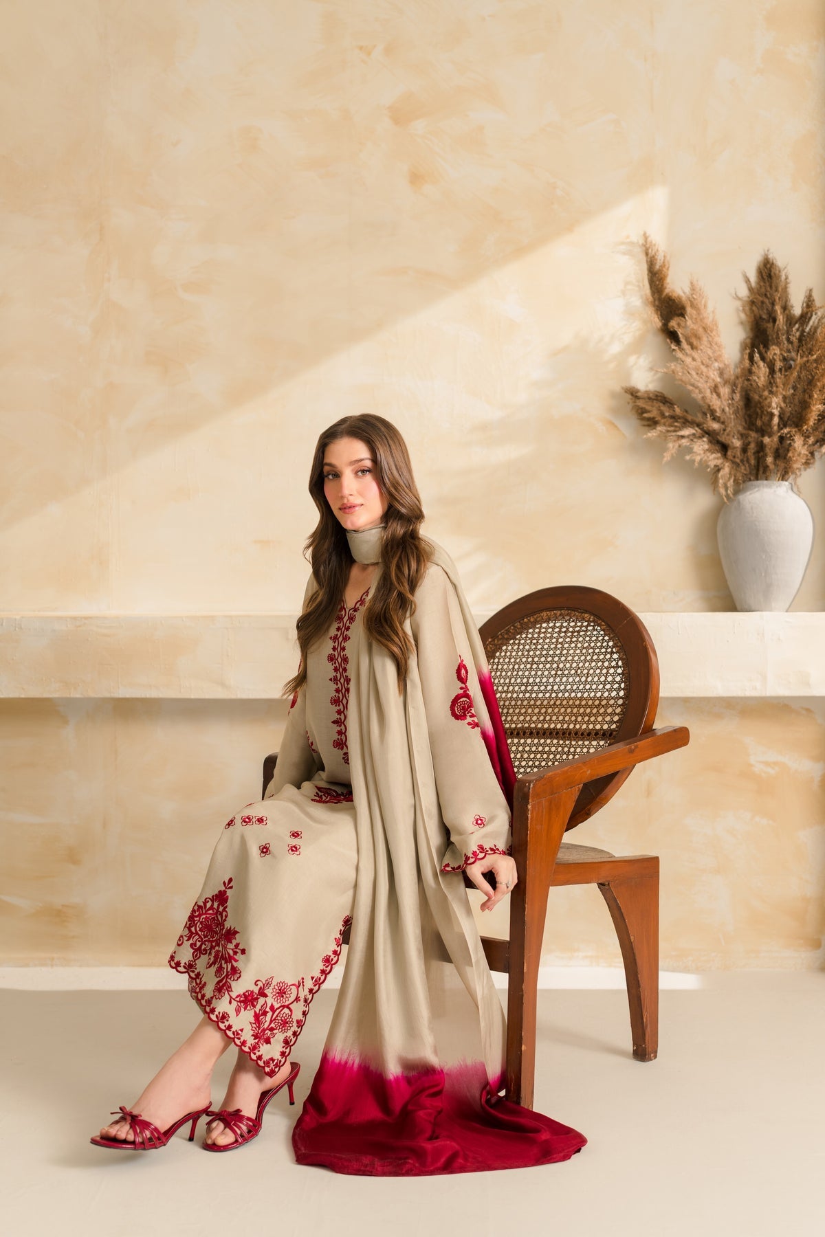 VINTAGE-3PC DHANAK EMBROIDERED SHIRT WITH CHIFFON TYE&DYE DUPATTA SHAWL AND TROUSER-BIC-5222