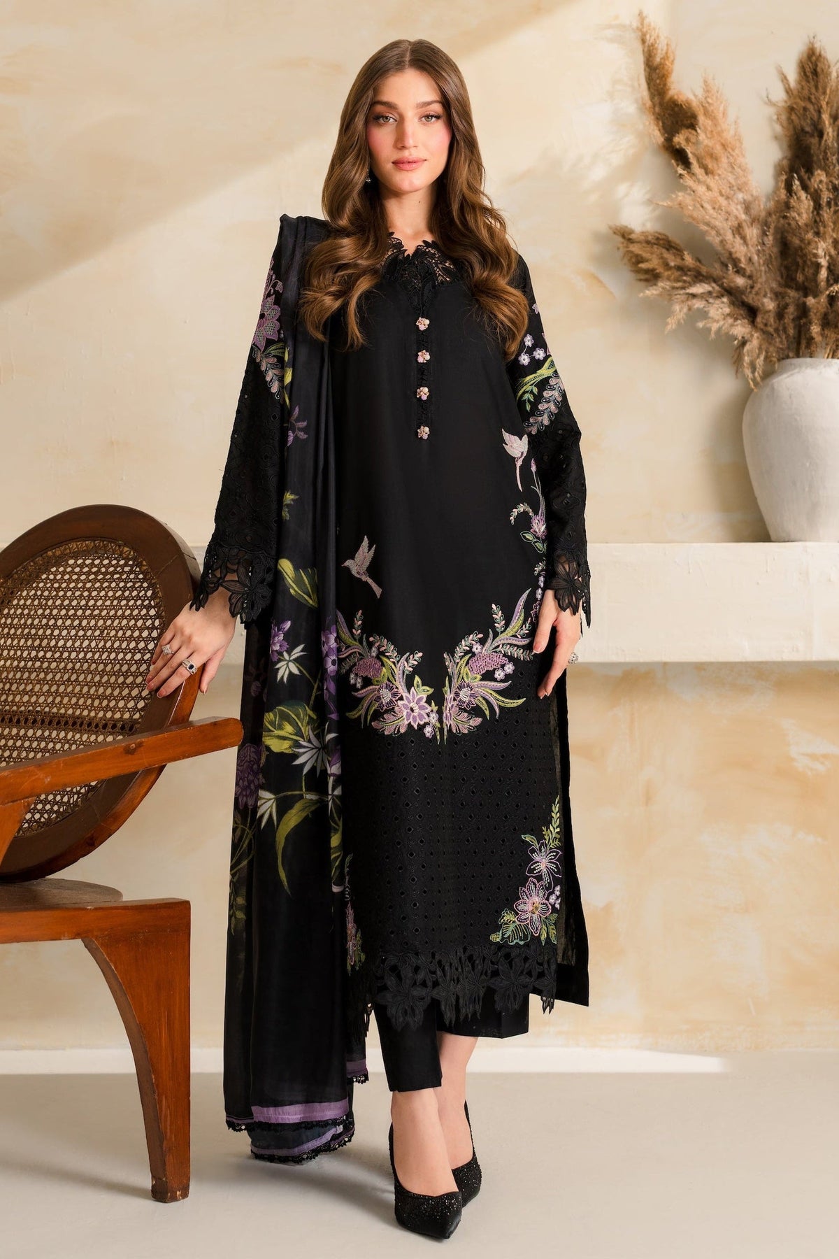 VINTAGE-3PC DHANAK EMBROIDERED SHIRT WITH COUTRAI PRINTED SHAWL TYE&DYE DUPATTA SHAWL AND TROUSER-BIC-5223