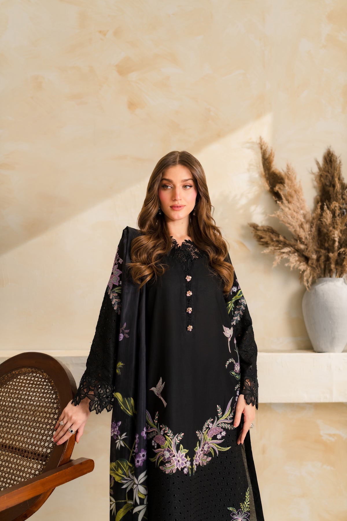 VINTAGE-3PC DHANAK EMBROIDERED SHIRT WITH COUTRAI PRINTED SHAWL TYE&DYE DUPATTA SHAWL AND TROUSER-BIC-5223