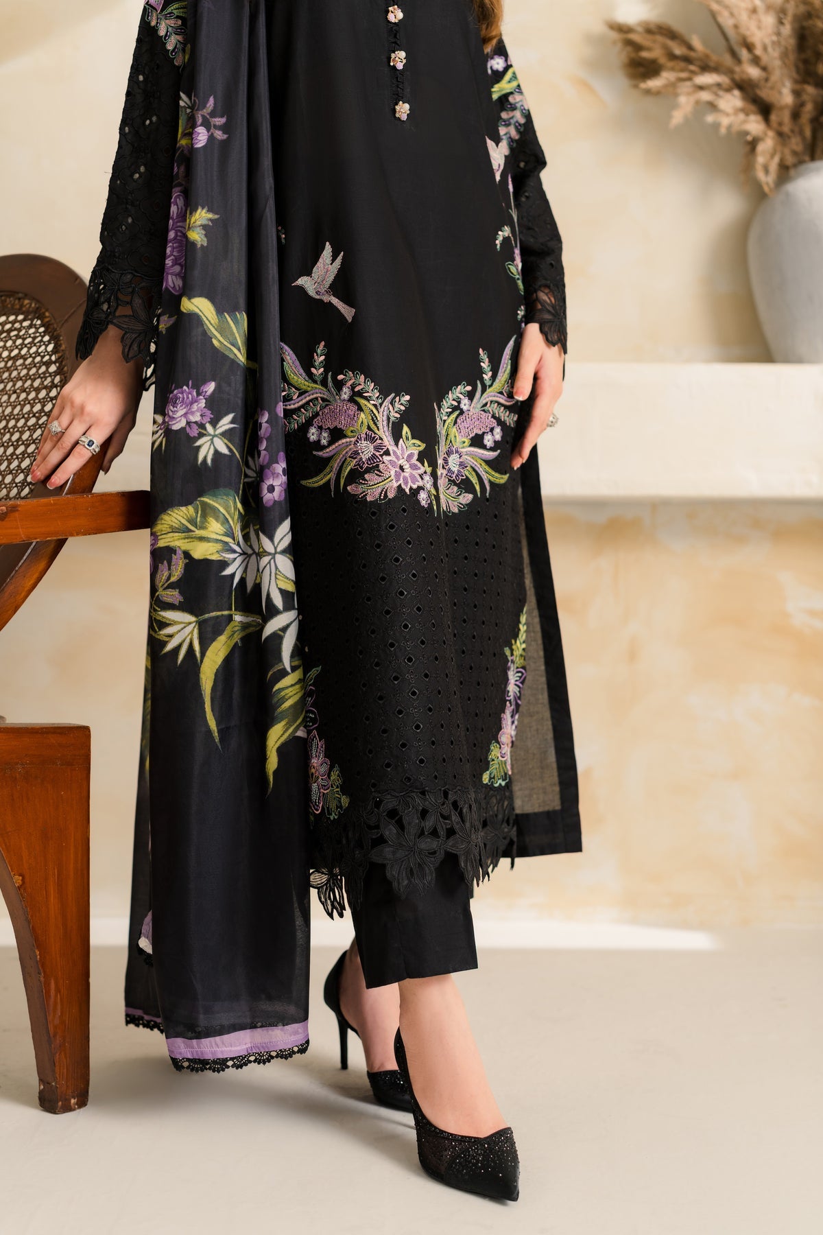 VINTAGE-3PC DHANAK EMBROIDERED SHIRT WITH COUTRAI PRINTED SHAWL TYE&DYE DUPATTA SHAWL AND TROUSER-BIC-5223