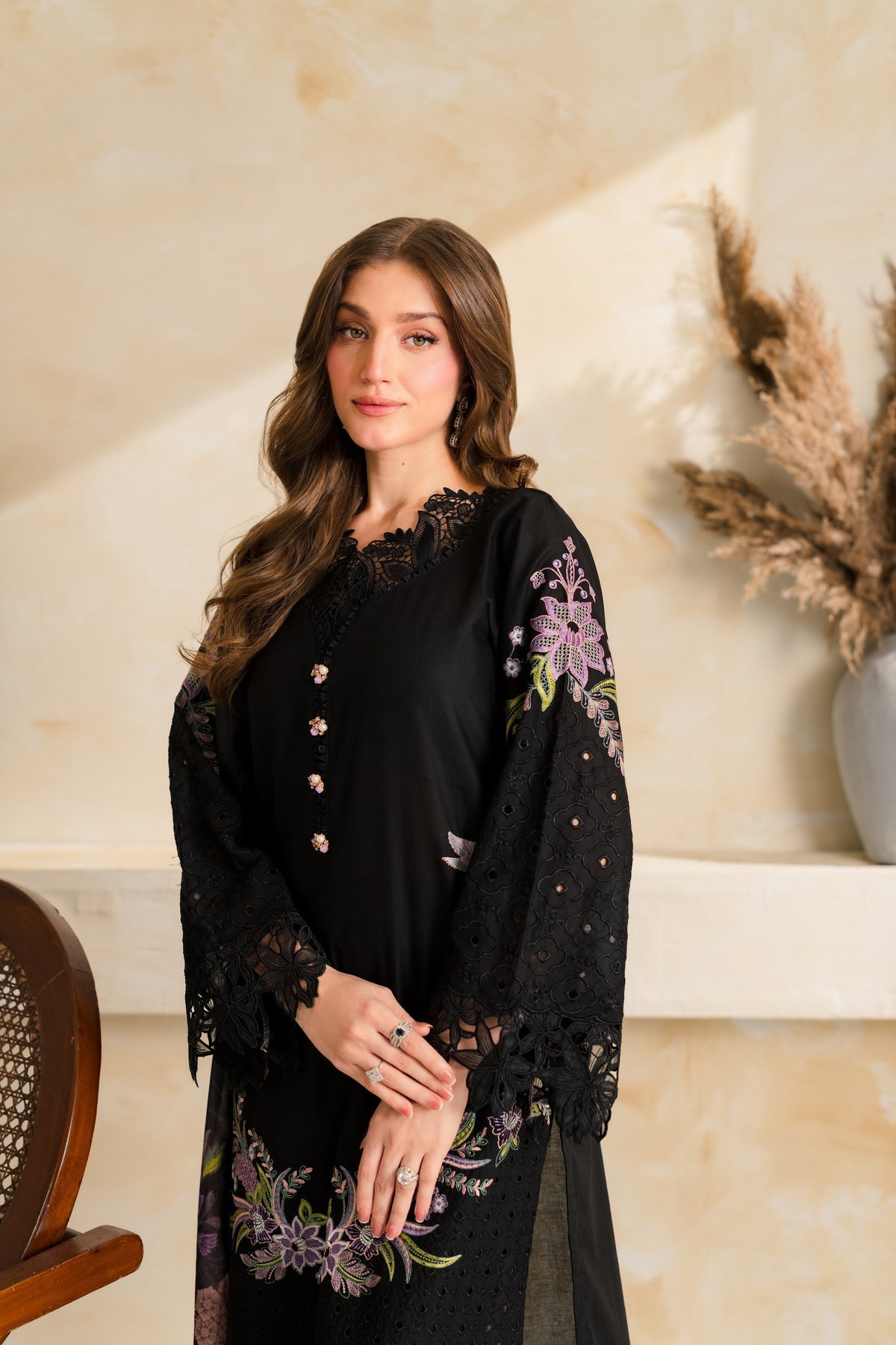 VINTAGE-3PC DHANAK EMBROIDERED SHIRT WITH COUTRAI PRINTED SHAWL TYE&DYE DUPATTA SHAWL AND TROUSER-BIC-5223