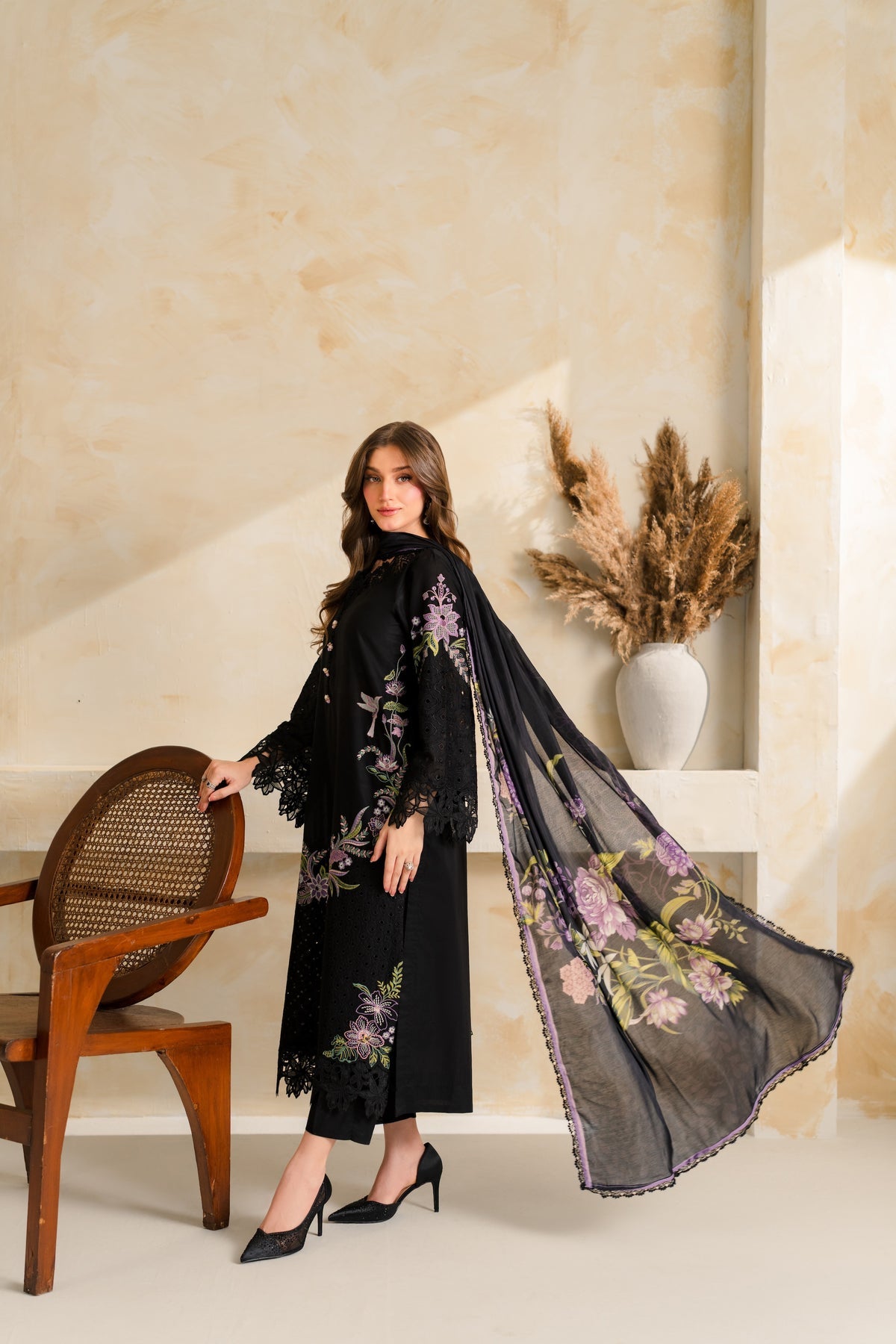 VINTAGE-3PC DHANAK EMBROIDERED SHIRT WITH COUTRAI PRINTED SHAWL TYE&DYE DUPATTA SHAWL AND TROUSER-BIC-5223
