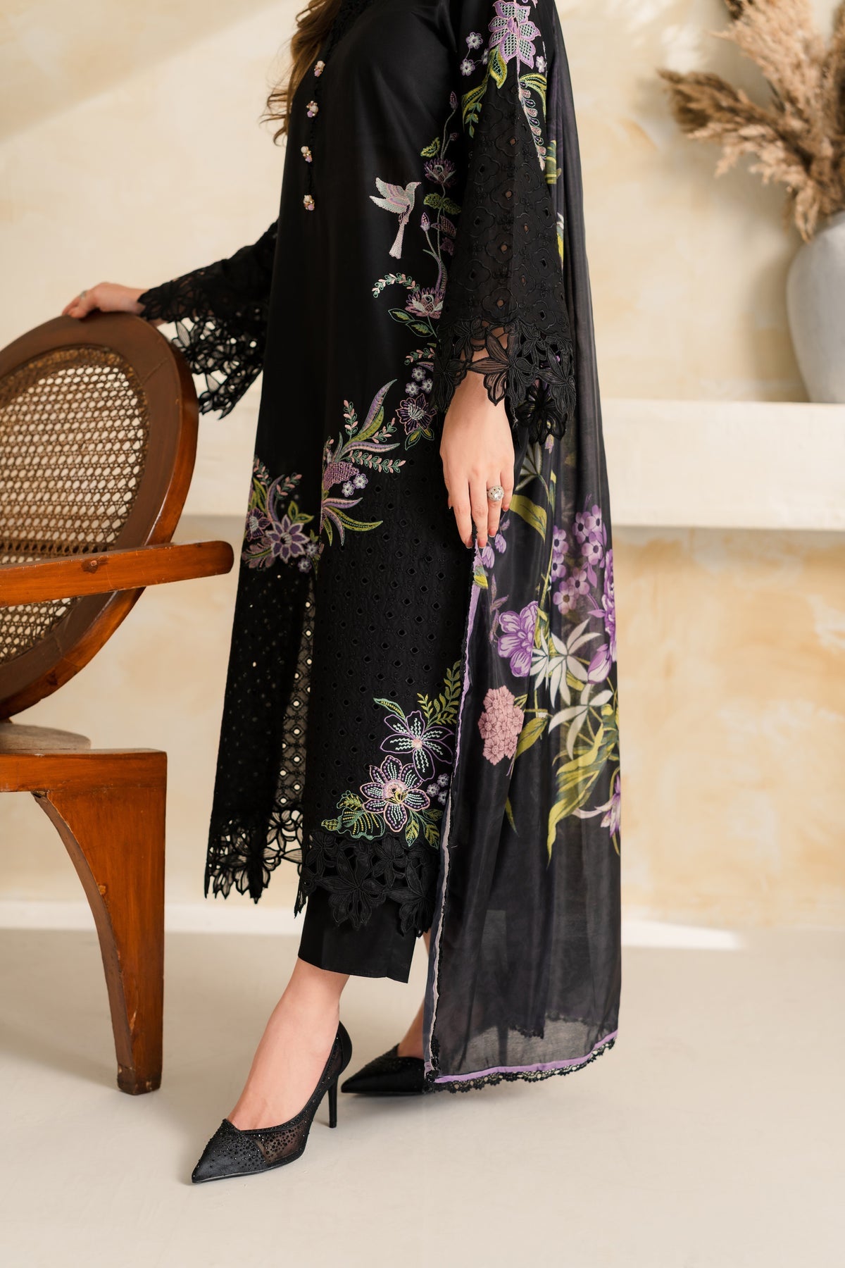 VINTAGE-3PC DHANAK EMBROIDERED SHIRT WITH COUTRAI PRINTED SHAWL TYE&DYE DUPATTA SHAWL AND TROUSER-BIC-5223
