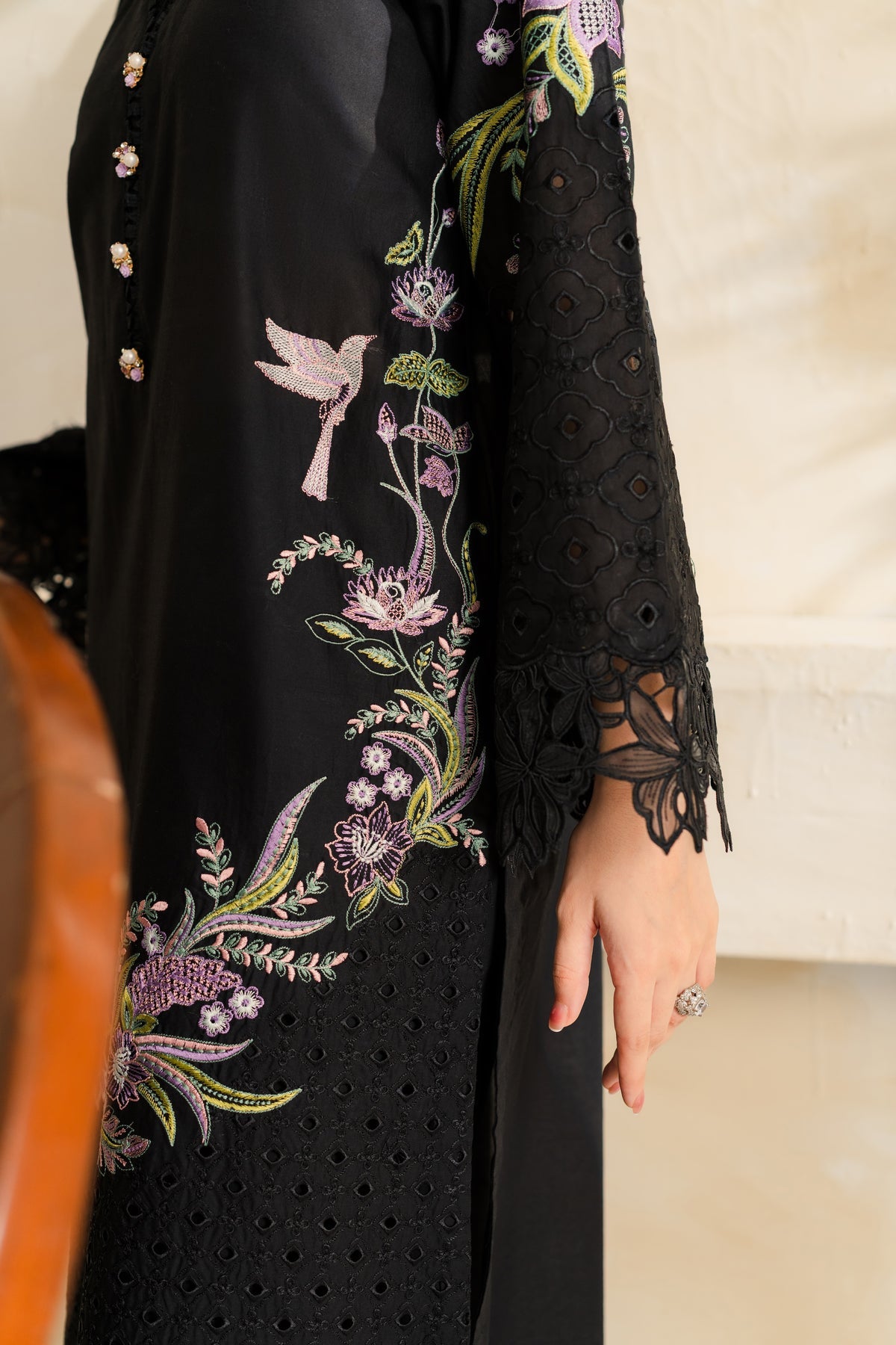 VINTAGE-3PC DHANAK EMBROIDERED SHIRT WITH COUTRAI PRINTED SHAWL TYE&DYE DUPATTA SHAWL AND TROUSER-BIC-5223