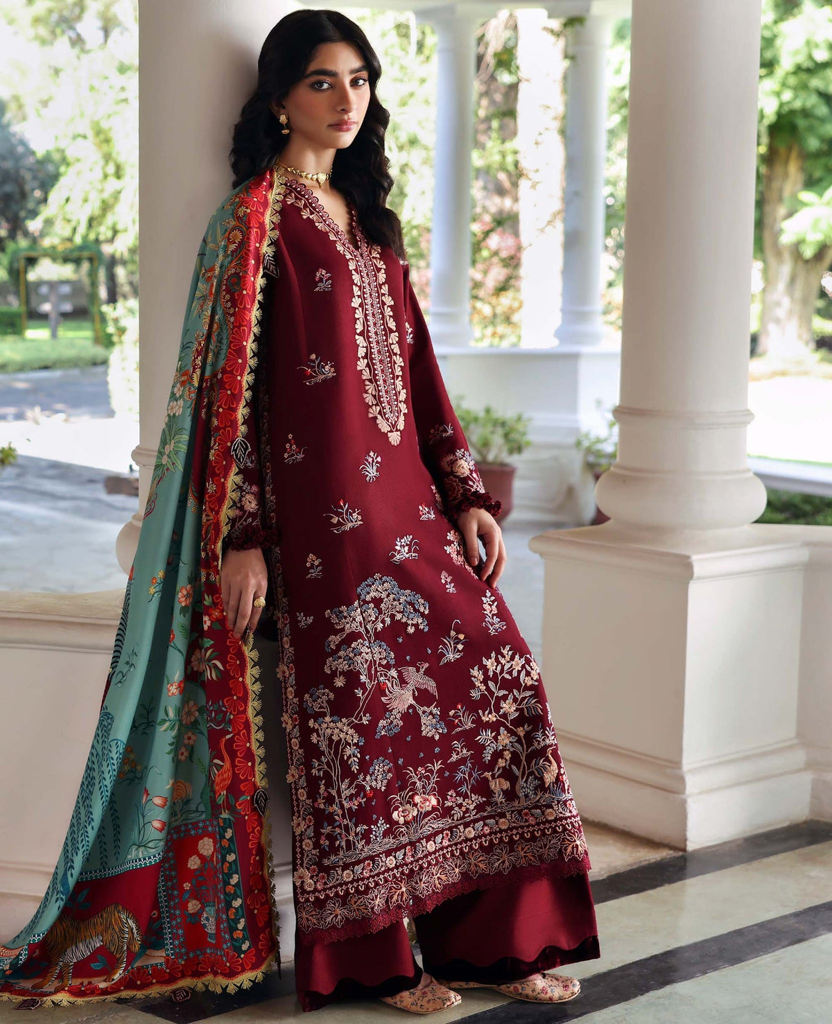REPUBLIC WOMENSWEAR-3PC DHANAK EMBROIDERED SHIRT WITH COUTRAI PRINTED SHAWL AND TROUSER-BIC-5252