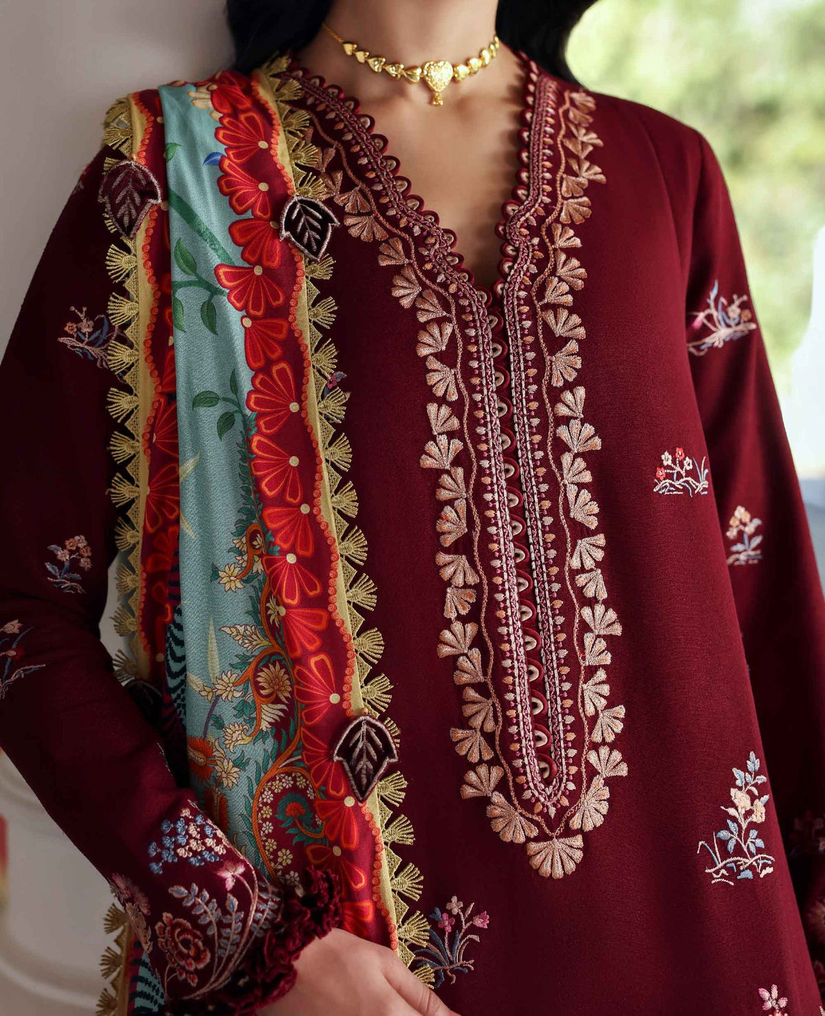 REPUBLIC WOMENSWEAR-3PC DHANAK EMBROIDERED SHIRT WITH COUTRAI PRINTED SHAWL AND TROUSER-BIC-5252
