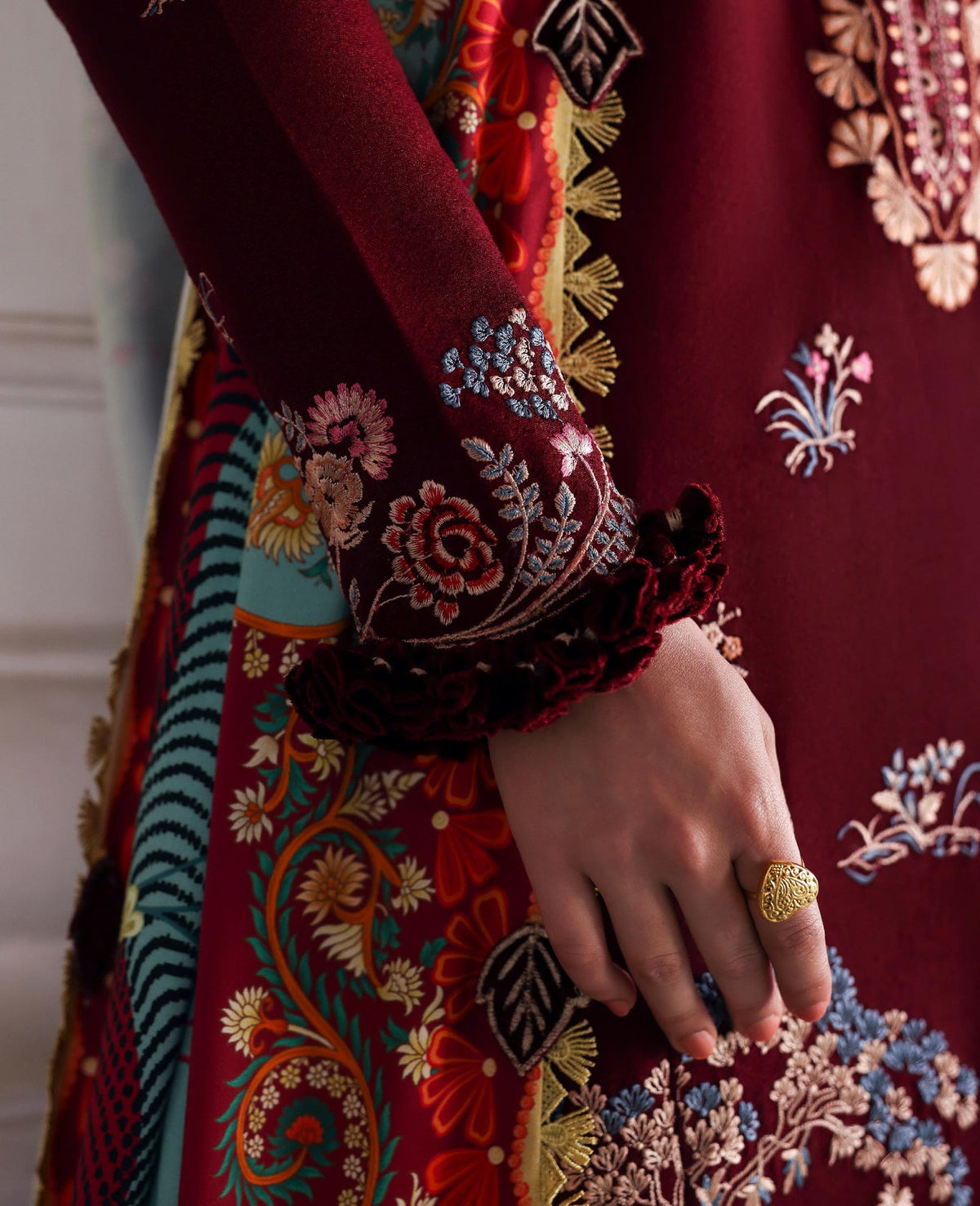 REPUBLIC WOMENSWEAR-3PC DHANAK EMBROIDERED SHIRT WITH COUTRAI PRINTED SHAWL AND TROUSER-BIC-5252