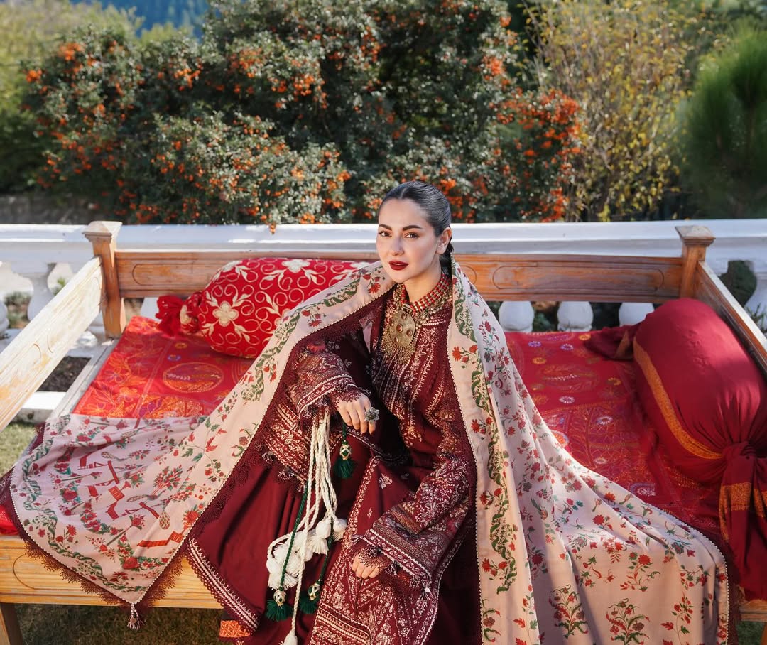 HUSSAIN REHAR-3PC DHANAK EMBROIDERED SHIRT WITH COURTRAI PRINTED SHAWL AND TROUSER-BIC-4273