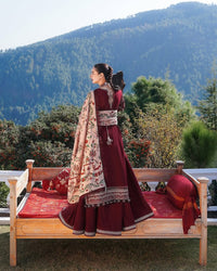 HUSSAIN REHAR-3PC DHANAK EMBROIDERED SHIRT WITH COURTRAI PRINTED SHAWL AND TROUSER-BIC-4273