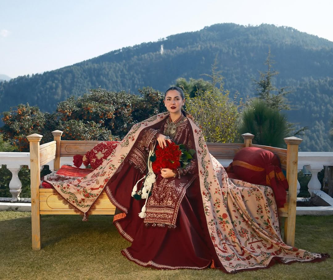 HUSSAIN REHAR-3PC DHANAK EMBROIDERED SHIRT WITH COURTRAI PRINTED SHAWL AND TROUSER-BIC-4273