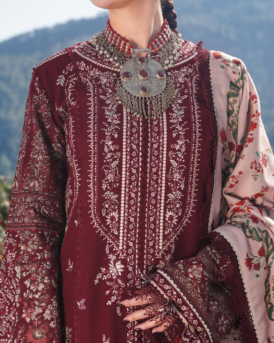 HUSSAIN REHAR-3PC DHANAK EMBROIDERED SHIRT WITH COURTRAI PRINTED SHAWL AND TROUSER-BIC-4273