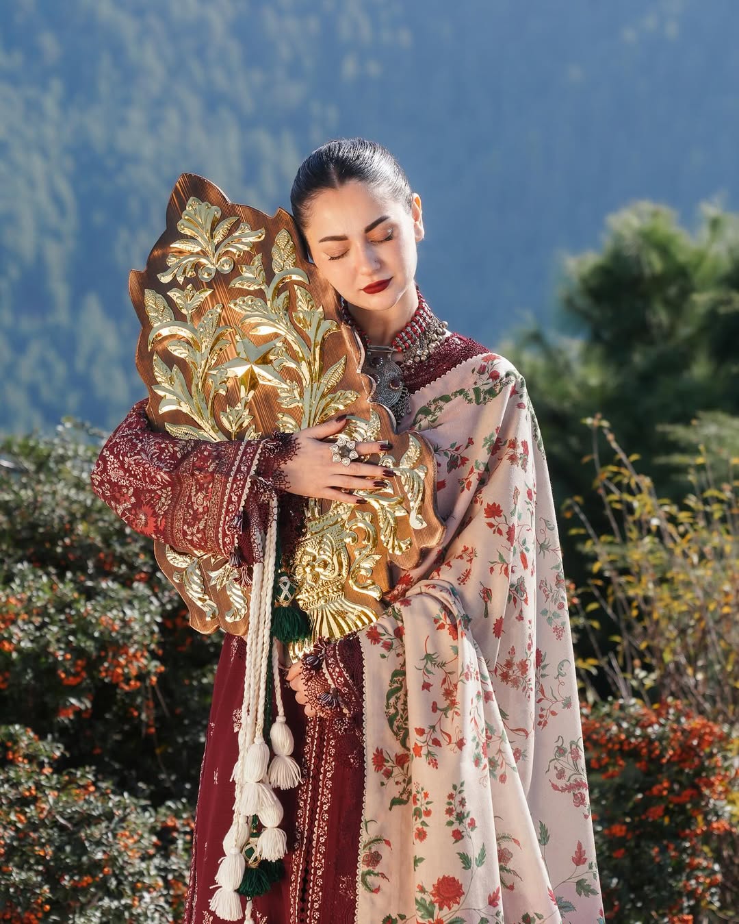 HUSSAIN REHAR-3PC DHANAK EMBROIDERED SHIRT WITH COURTRAI PRINTED SHAWL AND TROUSER-BIC-4273