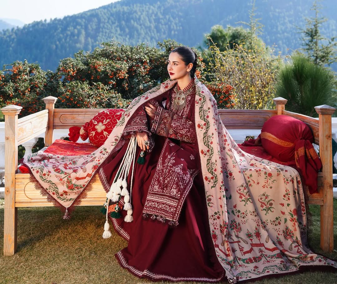 HUSSAIN REHAR-3PC DHANAK EMBROIDERED SHIRT WITH COURTRAI PRINTED SHAWL AND TROUSER-BIC-4273