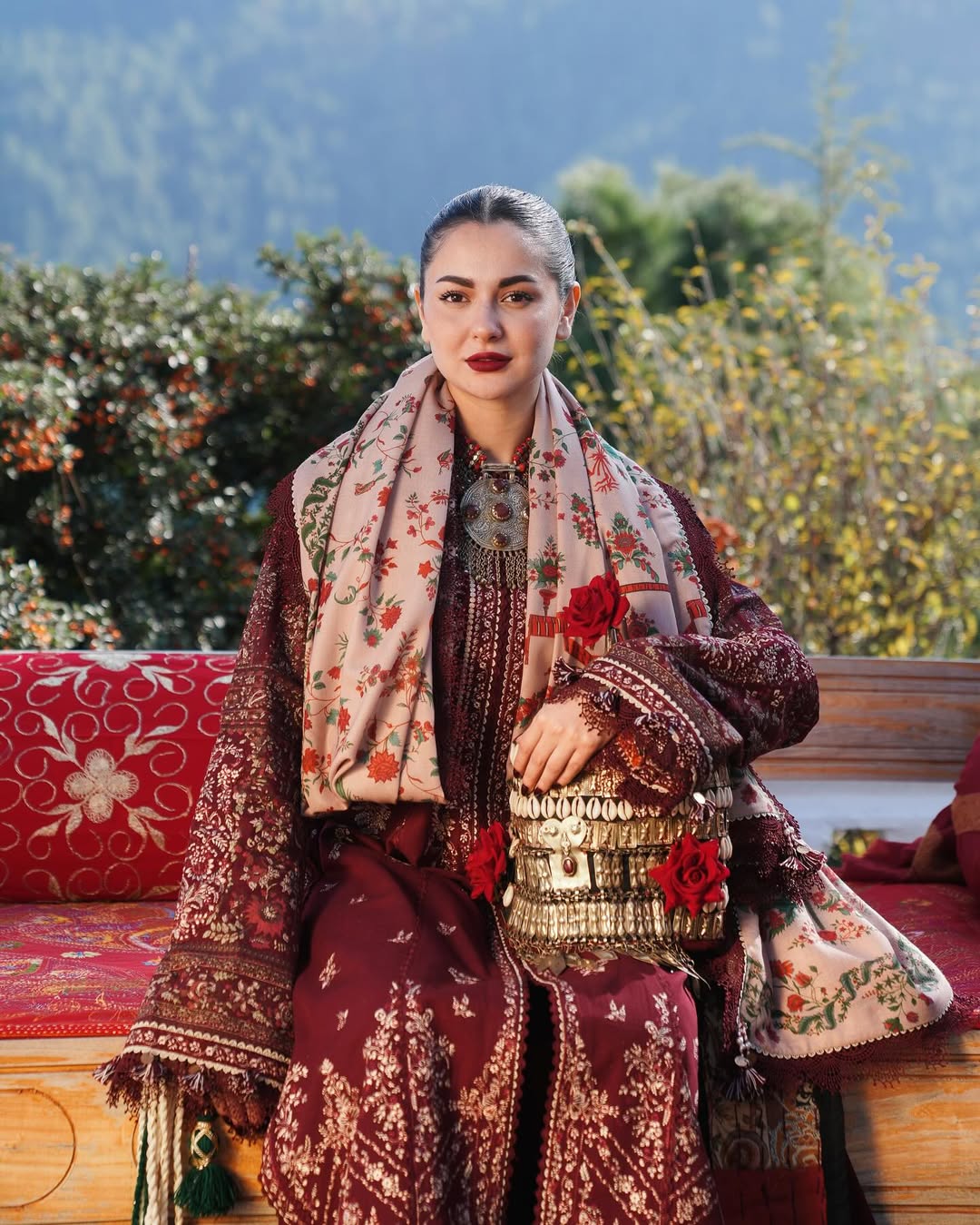 HUSSAIN REHAR-3PC DHANAK EMBROIDERED SHIRT WITH COURTRAI PRINTED SHAWL AND TROUSER-BIC-4273