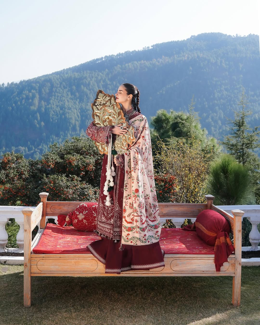 HUSSAIN REHAR-3PC DHANAK EMBROIDERED SHIRT WITH COURTRAI PRINTED SHAWL AND TROUSER-BIC-4273