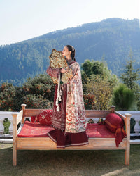 HUSSAIN REHAR-3PC DHANAK EMBROIDERED SHIRT WITH COURTRAI PRINTED SHAWL AND TROUSER-BIC-4273