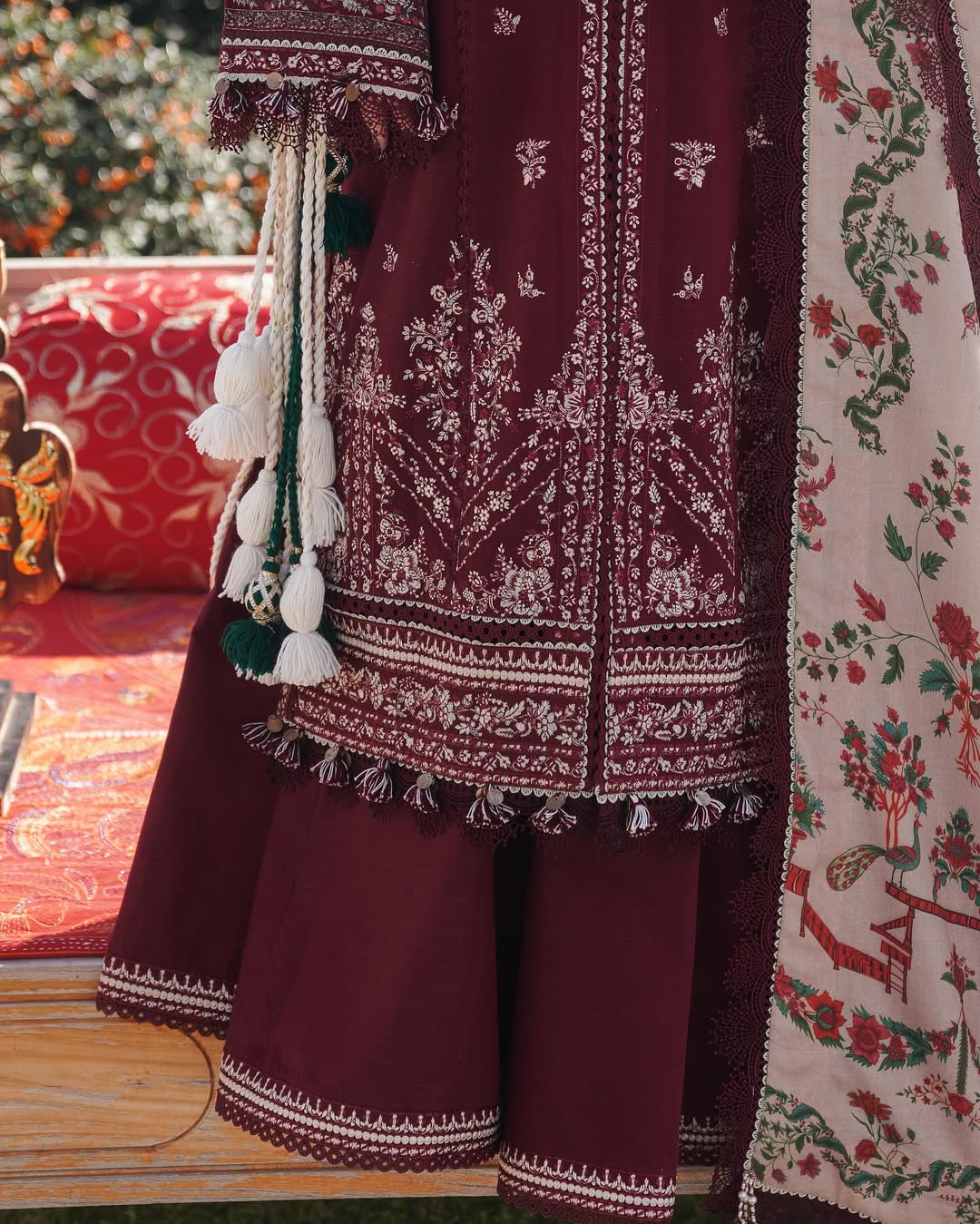 HUSSAIN REHAR-3PC DHANAK EMBROIDERED SHIRT WITH COURTRAI PRINTED SHAWL AND TROUSER-BIC-4273