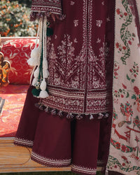 HUSSAIN REHAR-3PC DHANAK EMBROIDERED SHIRT WITH COURTRAI PRINTED SHAWL AND TROUSER-BIC-4273