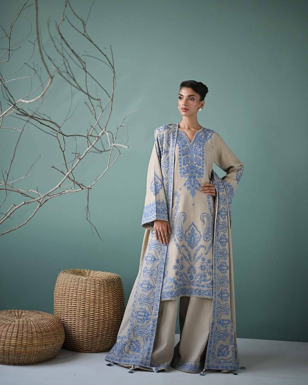 ZAIB-3PC DHANAK EMBROIDERED SHIRT WITH DHANAK EMBROIDERED SHAWL AND EMB TROUSER-BIC-5270