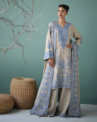 ZAIB-3PC DHANAK EMBROIDERED SHIRT WITH DHANAK EMBROIDERED SHAWL AND EMB TROUSER-BIC-5270