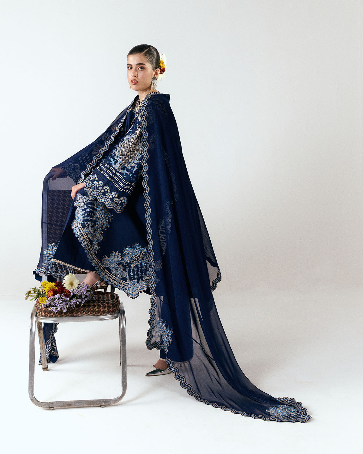 HUSSAIN REHAR-3PC DHANAK EMBROIDERED SHIRT WITH DHANAK EMBROIDERED DUPATTA AND TROUSER-BIC-5245