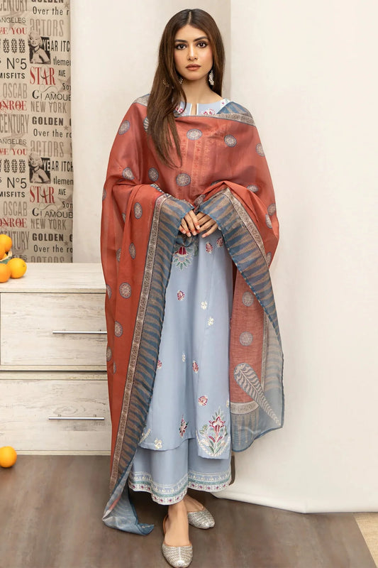 URGE- 3PC DHANAK EMBROIDERED SHIRT WITH COUTURE WOOL PRINT SHAWL AND EMB TROUSER-BIC-3166