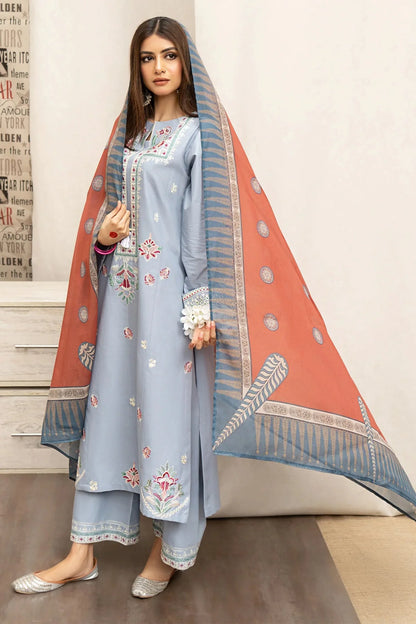 URGE- 3PC DHANAK EMBROIDERED SHIRT WITH COUTURE WOOL PRINT SHAWL AND EMB TROUSER-BIC-3166