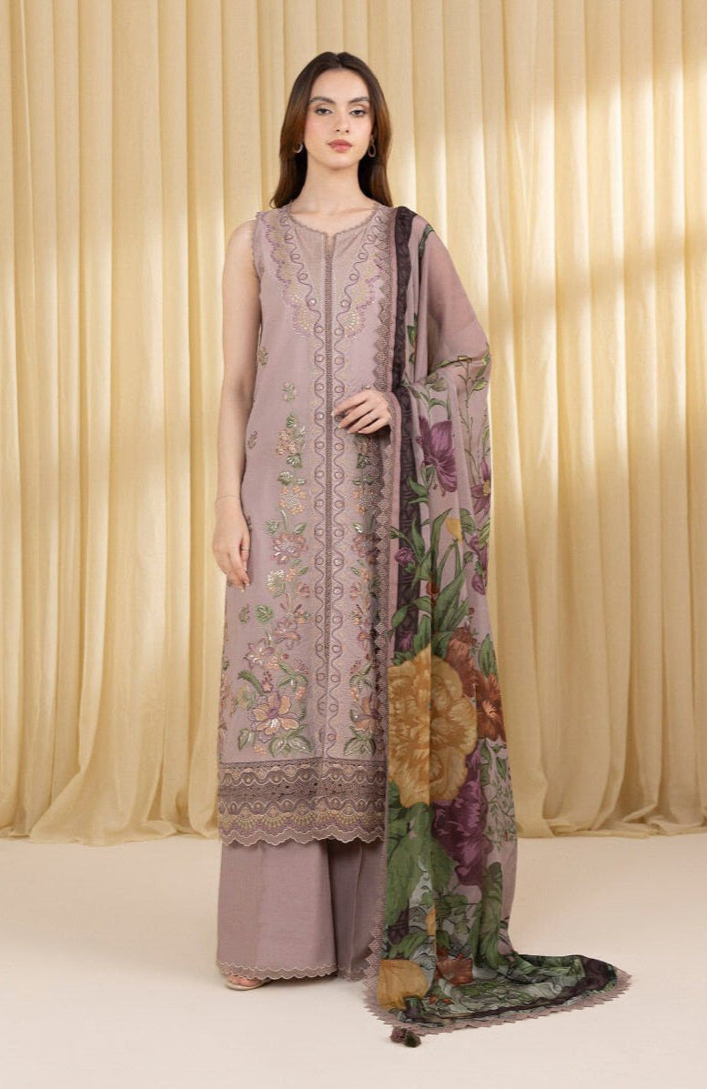 SAPPHIRE-3PC DHANAK EMBROIDERED SHIRT WITH COURTRAI WOOL PRINTED SHAWL AND EMB TROUSER-BIC-4100