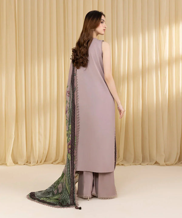 SAPPHIRE-3PC DHANAK EMBROIDERED SHIRT WITH COURTRAI WOOL PRINTED SHAWL AND EMB TROUSER-BIC-4100