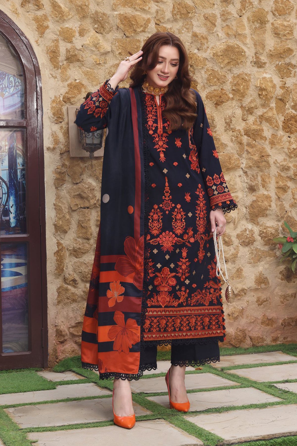 ASIM JOFA-3PC DHANAK EMBROIDRED SHIRT WITH COURTRAI PRINTED SHAWL AND TROUSER-BIC-