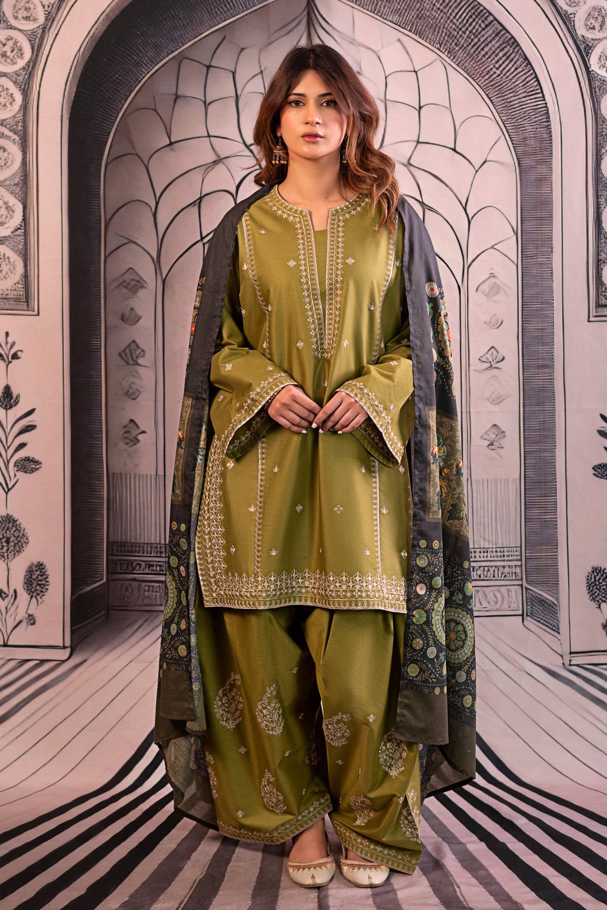 URGE-3PC DHANAK EMBROIDERED SHIRT WITH COUTRAI PRINTED SHAWL & EMB TROUSER-BIC-4126