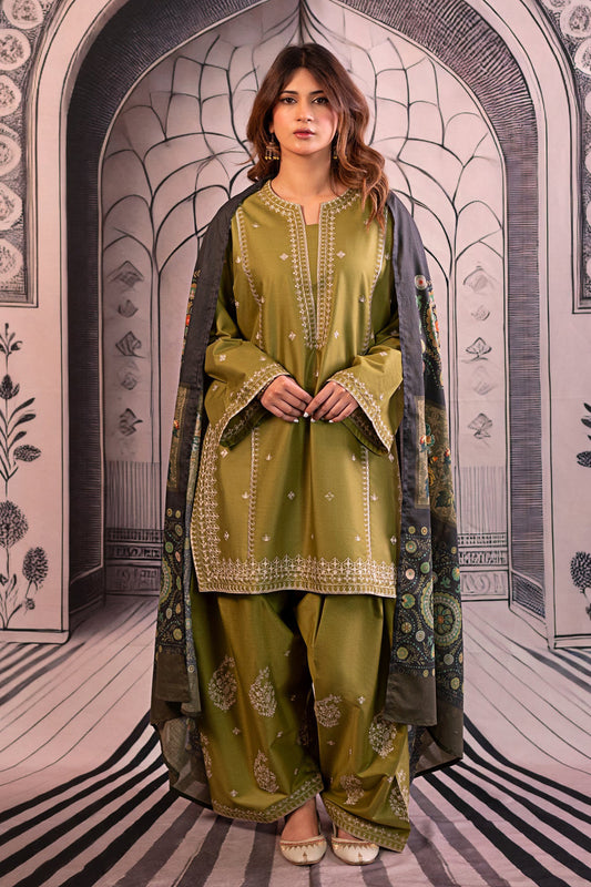URGE-3PC DHANAK EMBROIDERED SHIRT WITH COUTRAI PRINTED SHAWL & EMB TROUSER-BIC-4126