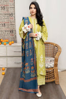URGE-3PC DHANAK EMBROIDERED SHIRT WITH COUTRAI WOOL PRINT SHAWL AND EMB TROUSER-BIC-4013