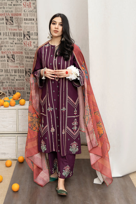 URGE- 3PC DHANAK EMBROIDERED SHIRT WITH COUTURE WOOL PRINT SHAWL AND EMB TROUSER-BIC-3165