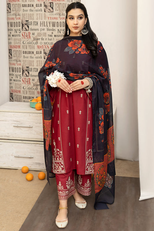 URGE-3PC DHANAK EMBROIDERED SHIRT WITH COUTRAI PRINTED SHAWL AND EMB TROUSER-BIC-4059