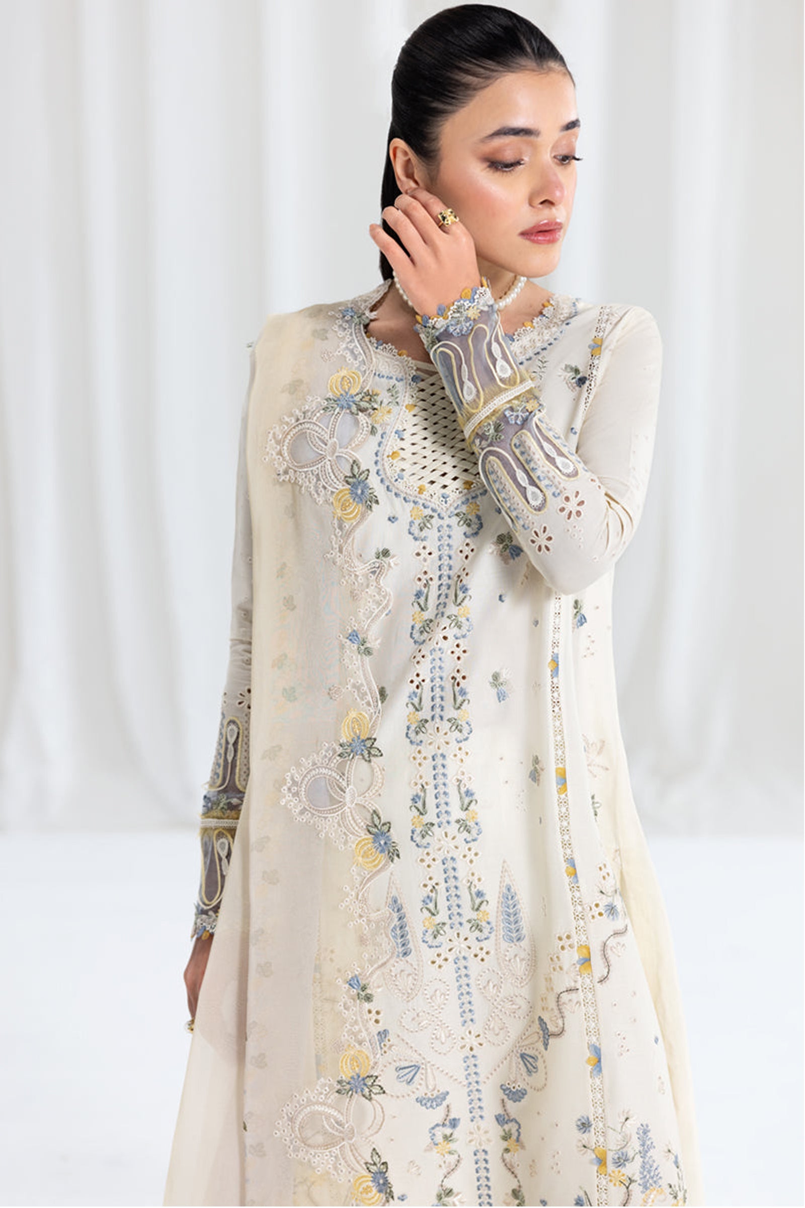 QALAMQAR - 3PC LAWN EMBROIDERED SHIRT WITH NET EMBROIDERED DUPATTA AND TROUSER -BIC-3801