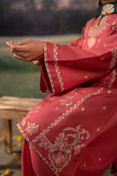 URGE-3PC DHANAK EMBROIDERED SHIRT WITH COURTRAI PRINTED SHAWL AND EMB TROUSER-BIC-4203