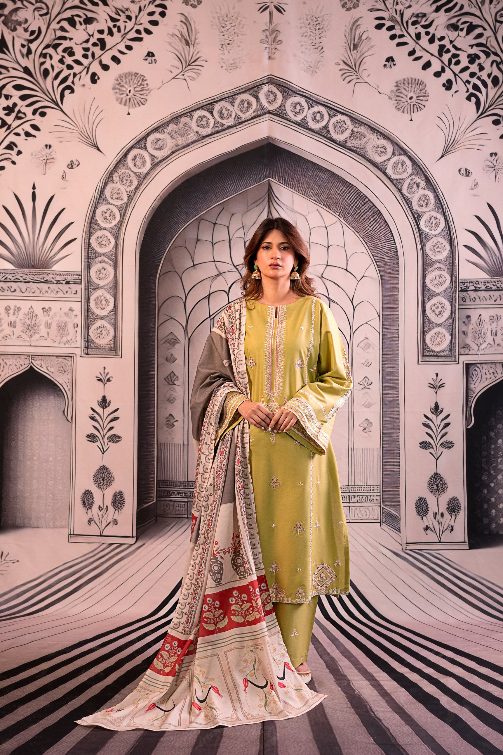URGE - 3PC LAWN EMBROIDERED SHIRT WITH MONARK PRINTED DUPATTA AND EMB TROUSER BIC-3788