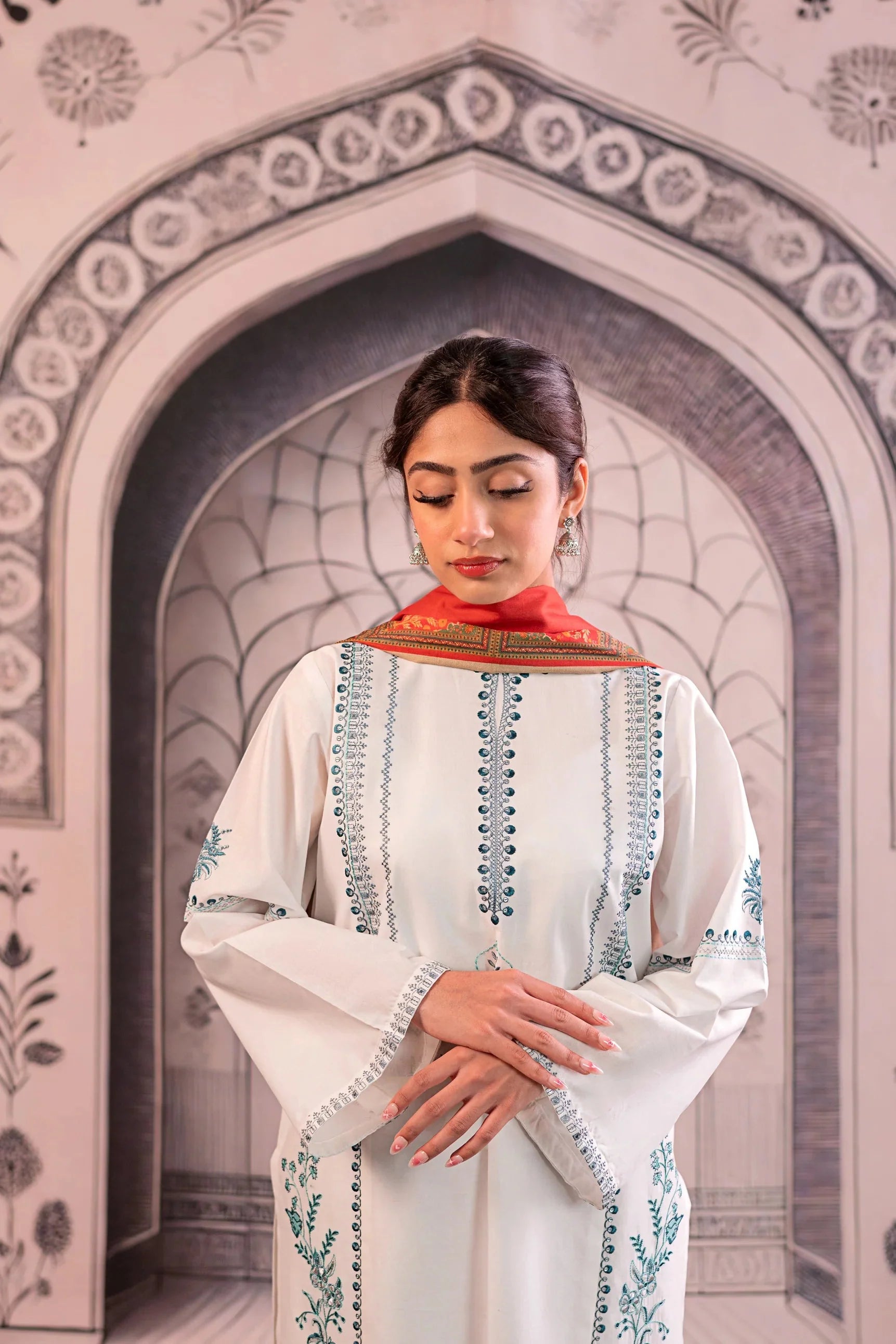 URGE - 3PC LAWN EMBROIDERED SHIRT WITH MONARK PRINTED DUPATTA AND EMB TROUSER BIC-3758