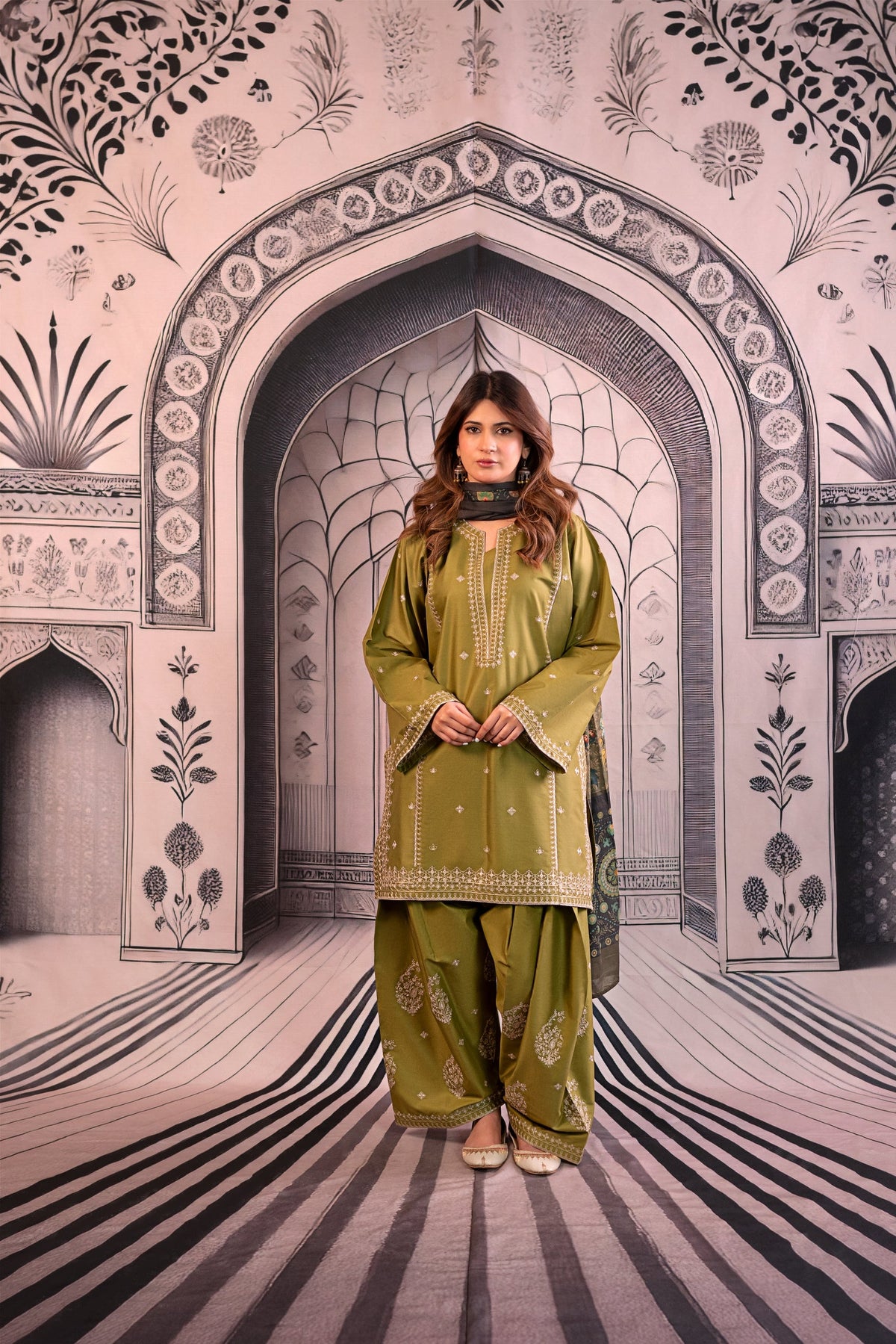 URGE-3PC DHANAK EMBROIDERED SHIRT WITH COUTRAI PRINTED SHAWL & EMB TROUSER-BIC-4126