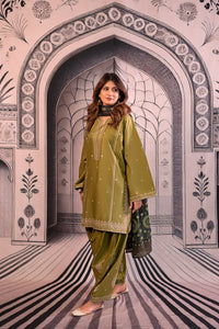 URGE-3PC DHANAK EMBROIDERED SHIRT WITH COUTRAI PRINTED SHAWL & EMB TROUSER-BIC-4126