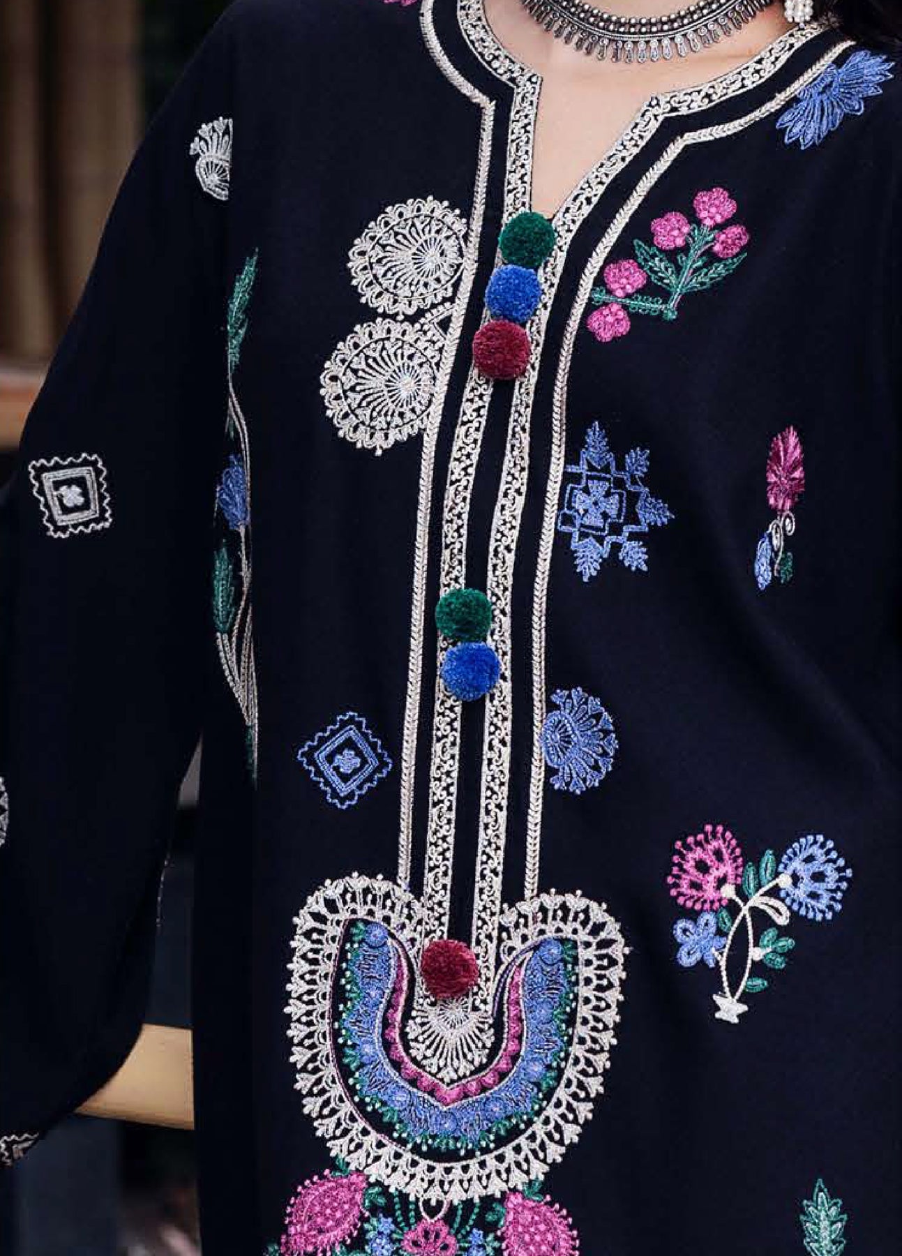 MUSHQ-3PC DHANAK EMBROIDERED SHIRT WITH COURTRAI WOOL PRINT SHAWL AND TROUSER-BIC-4415