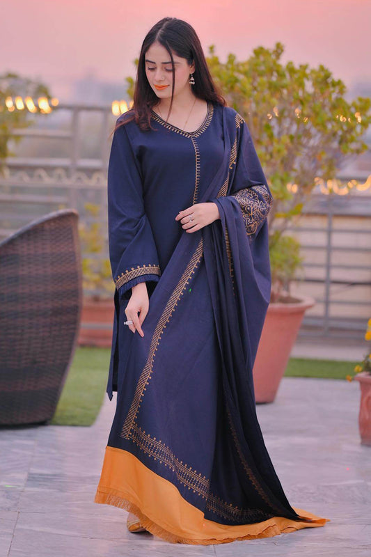 AISLING-3PC DHANAK EMBROIDERED SHIRT WITH COUTRAI PRINTED SHAWL AND TROUSER-BIC-3182