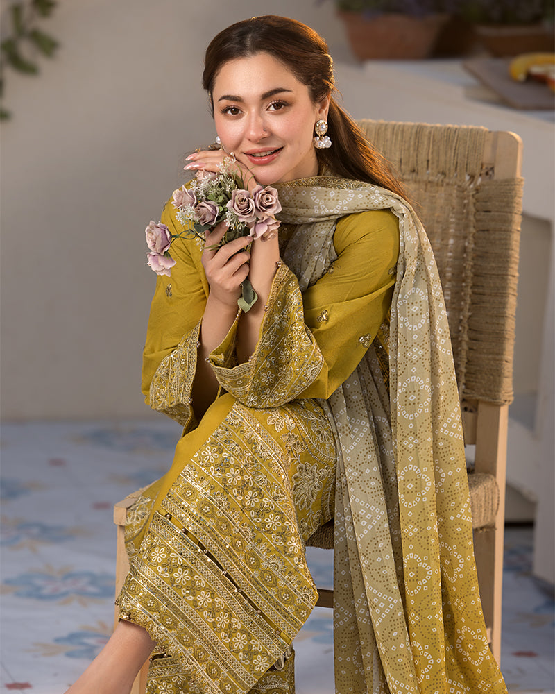 JADE-3PC LAWN SEQUIN EMBROIDERED SHIRT WITH CHIFFON PRINTED EMB DUPATTA & TROUSER-BIC-4528
