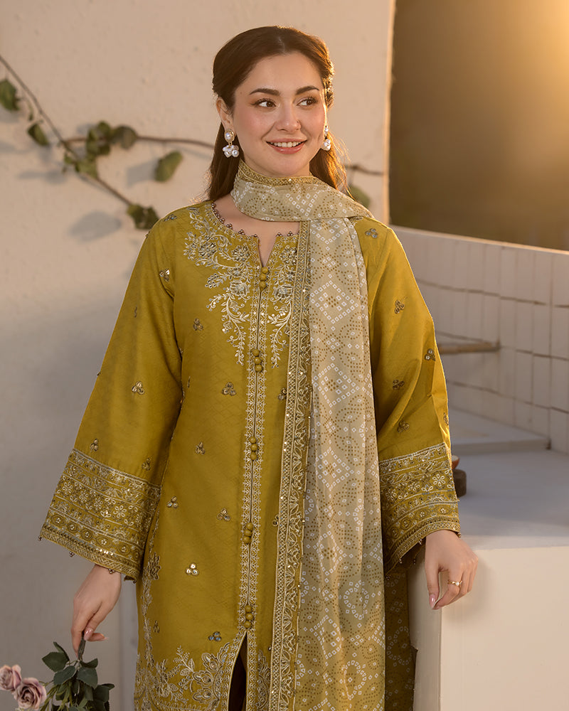 JADE-3PC LAWN SEQUIN EMBROIDERED SHIRT WITH CHIFFON PRINTED EMB DUPATTA & TROUSER-BIC-4528