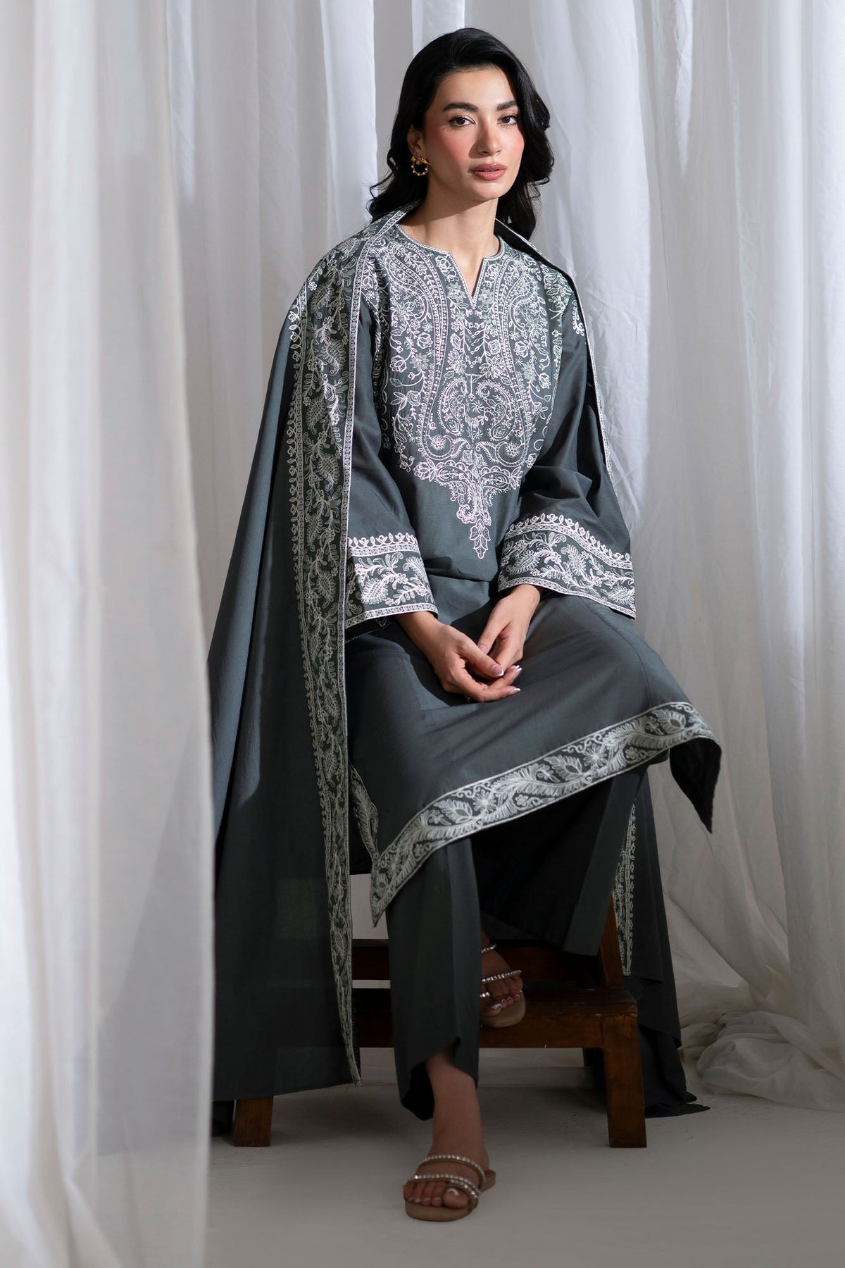 CROSS STITCH-3PC DHANAK EMBROIDERED SHIRT WITH DHANAK EMBROIDERED SHAWL AND TROUSER-BIC-5286